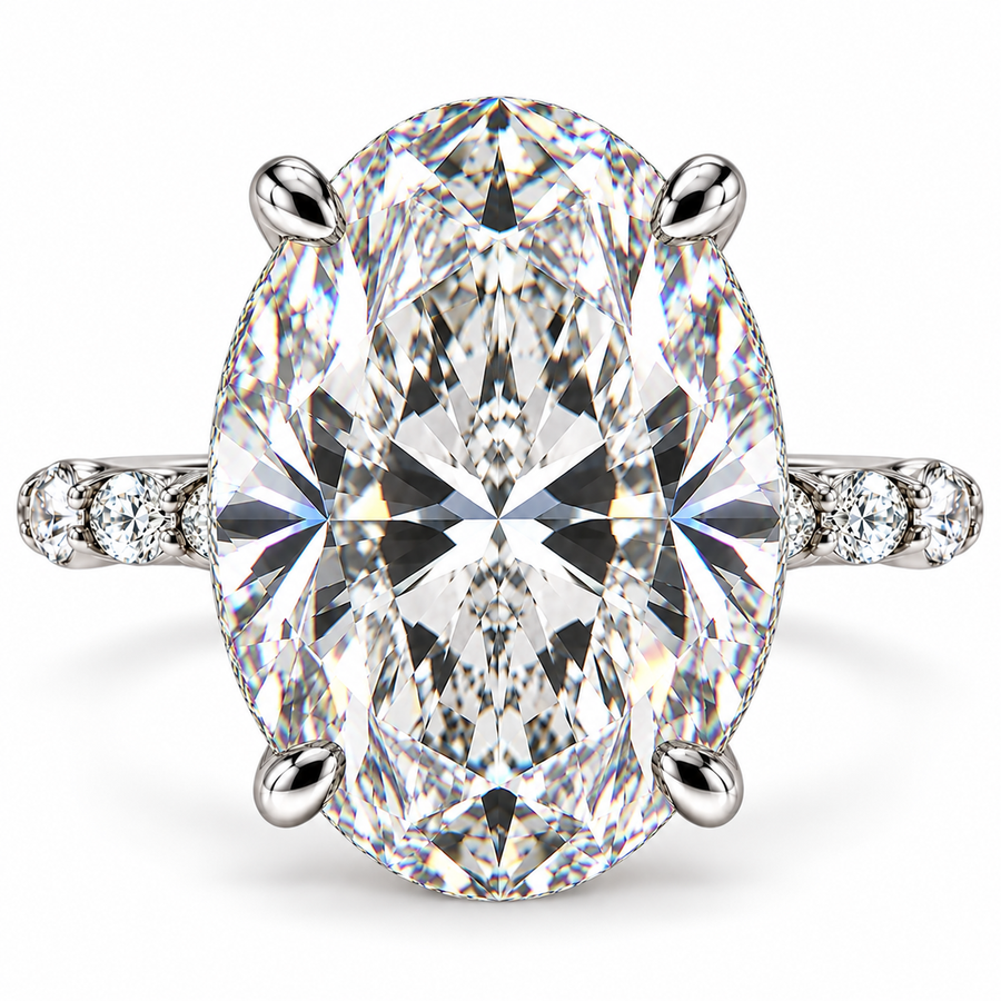 6 Carat Oval Cut Lab-Grown Diamond Hidden Halo Pavé Prong Set Engagement Ring with Marquise & Round Accents