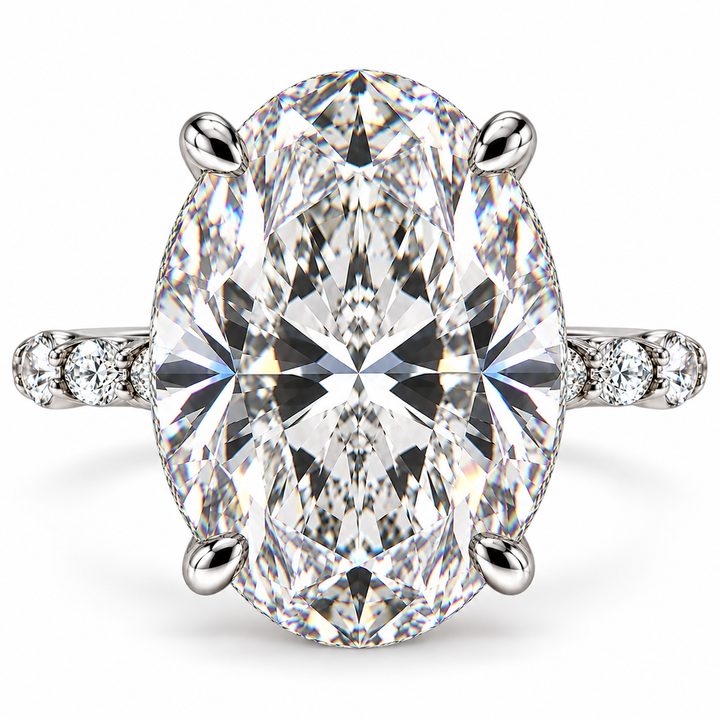7 Carat Oval Cut Lab-Grown Diamond Hidden Halo Pavé Prong Set Engagement Ring with Marquise & Round Accents