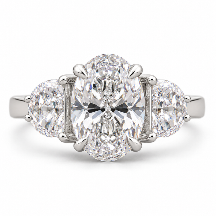 4 CT Oval Cut Lab-Grown Diamond Solitaire Engagement Ring with Half Moon Side Diamonds – 14K White Gold
