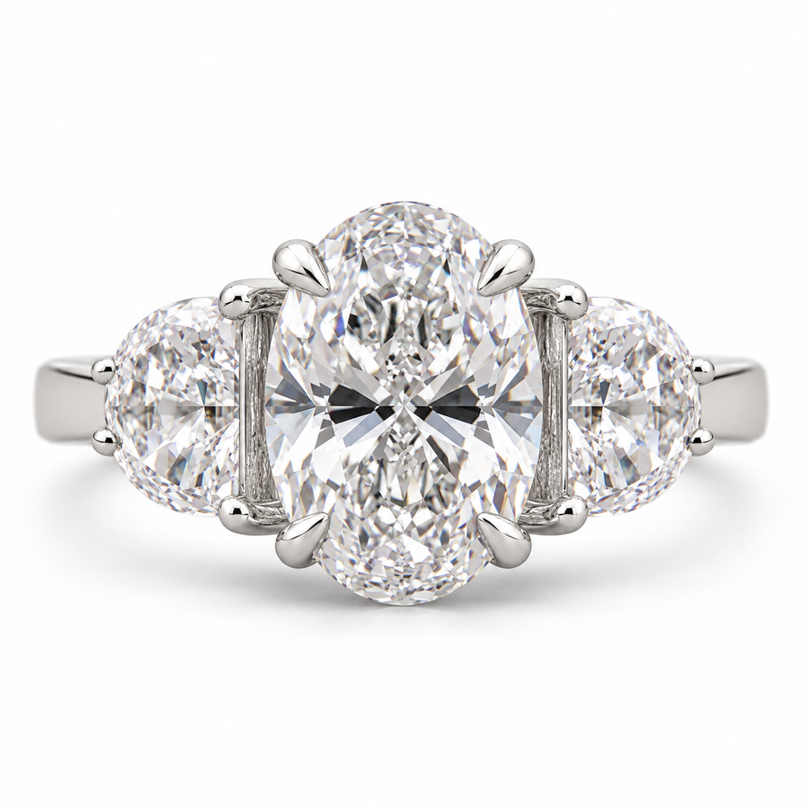 4 CT Oval Cut Lab-Grown Diamond Solitaire Engagement Ring with Half Moon Side Diamonds – 14K White Gold