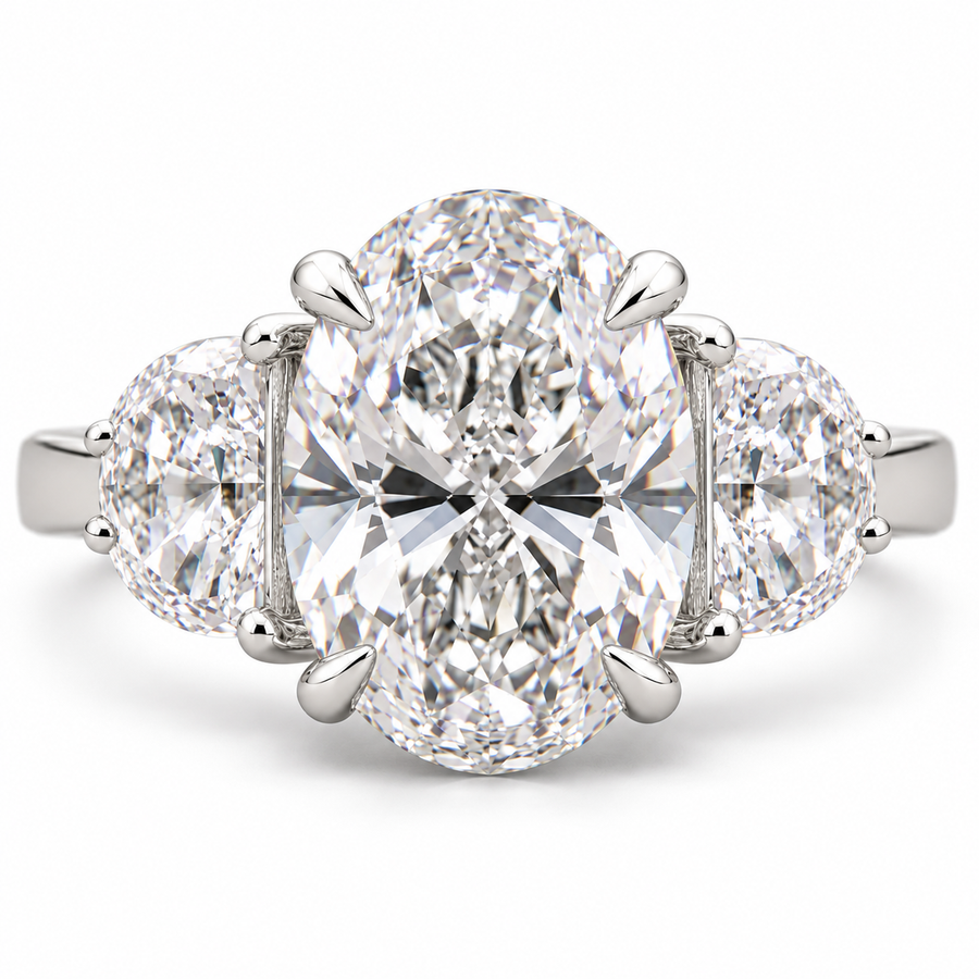 5 CT Oval Cut Lab-Grown Diamond Solitaire Engagement Ring with Half Moon Side Diamonds – 14K White Gold