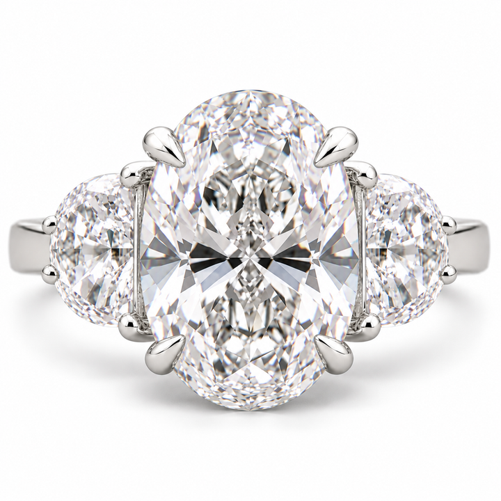 6 CT Oval Cut Lab-Grown Diamond Solitaire Engagement Ring with Half Moon Side Diamonds – 14K White Gold