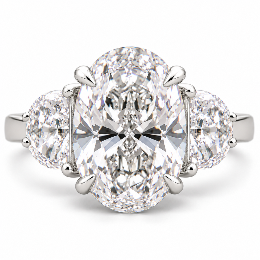 6 CT Oval Cut Lab-Grown Diamond Solitaire Engagement Ring with Half Moon Side Diamonds – 14K White Gold