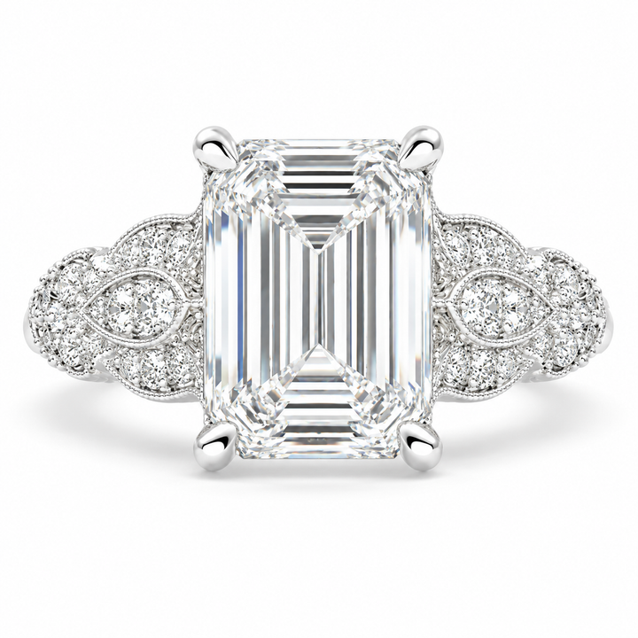 5 CT Nadia Emerald Cut Lab-Grown Diamond Pavé Milgrain Engagement Ring – Elegant Vintage-Inspired Design
