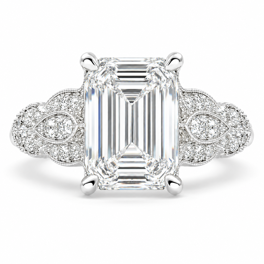5 CT Nadia Emerald Cut Lab-Grown Diamond Pavé Milgrain Engagement Ring – Elegant Vintage-Inspired Design