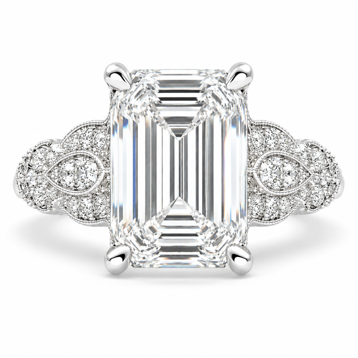 6 CT Nadia Emerald Cut Lab-Grown Diamond Pavé Milgrain Engagement Ring – Elegant Vintage-Inspired Design