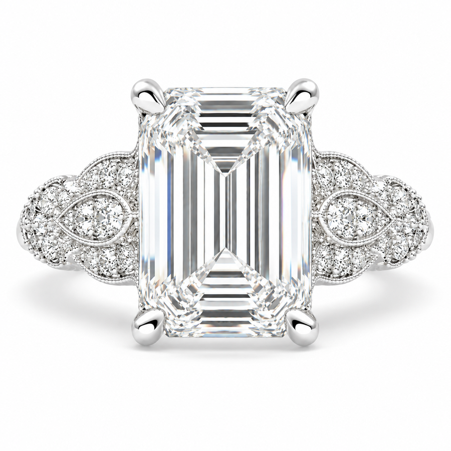 6 CT Nadia Emerald Cut Lab-Grown Diamond Pavé Milgrain Engagement Ring – Elegant Vintage-Inspired Design