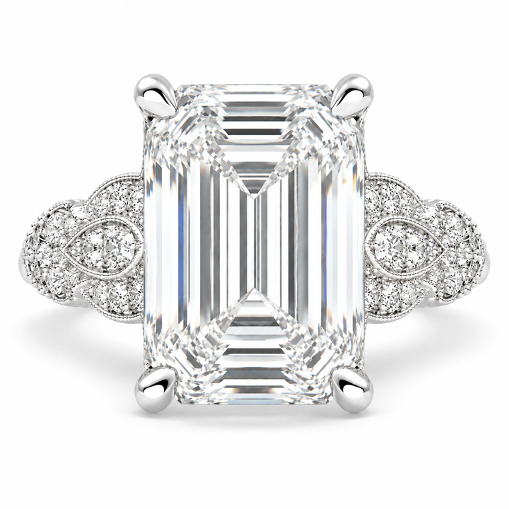 7 CT Nadia Emerald Cut Lab-Grown Diamond Pavé Milgrain Engagement Ring – Elegant Vintage-Inspired Design