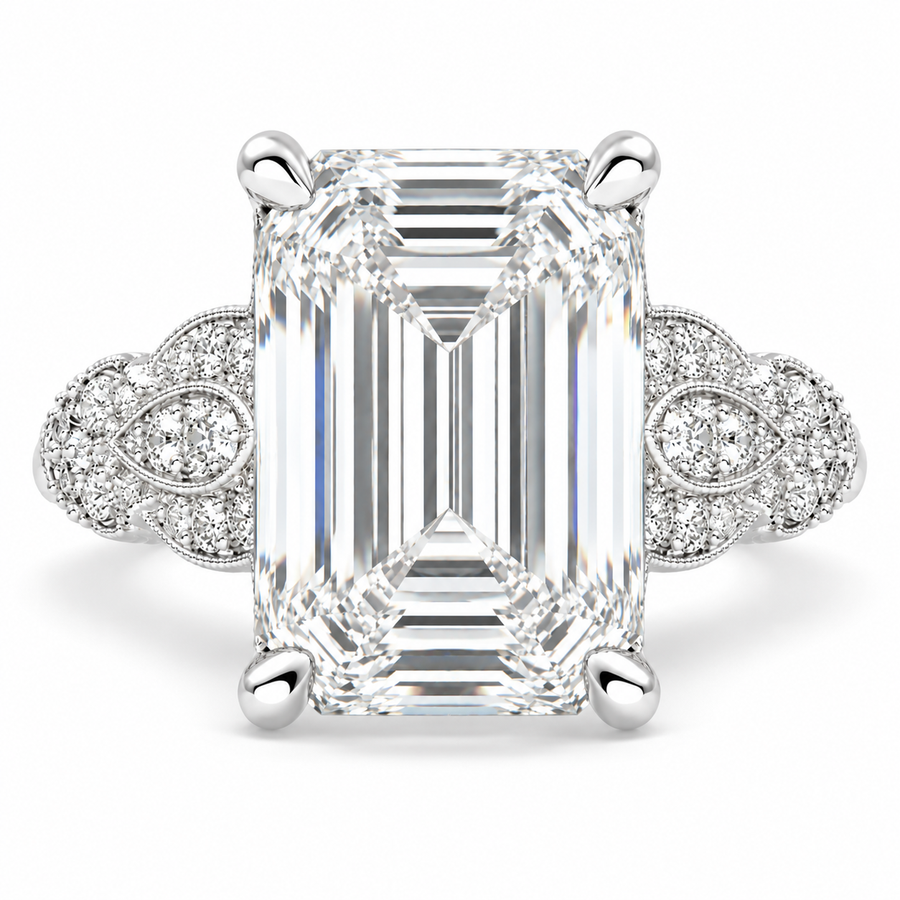 7 CT Nadia Emerald Cut Lab-Grown Diamond Pavé Milgrain Engagement Ring – Elegant Vintage-Inspired Design
