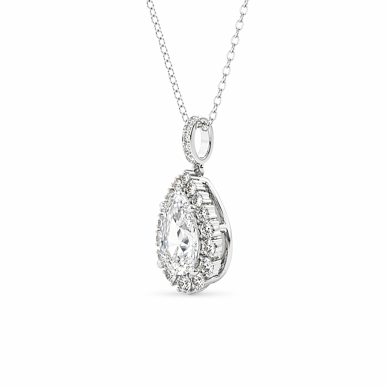 2.00 Carat Pear Cut Lab-Grown Diamond Halo Pendant VS1 D-F 14K White Gold with Adjustable Chain