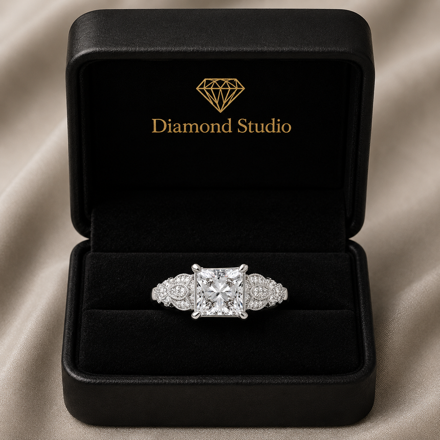 Nadia 2.15 Carat Princess Cut Pave Milgrain Engagement Ring