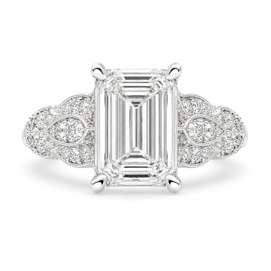 Nadia 3.15 Carat Emerald Cut Pave Milgrain Engagement Ring