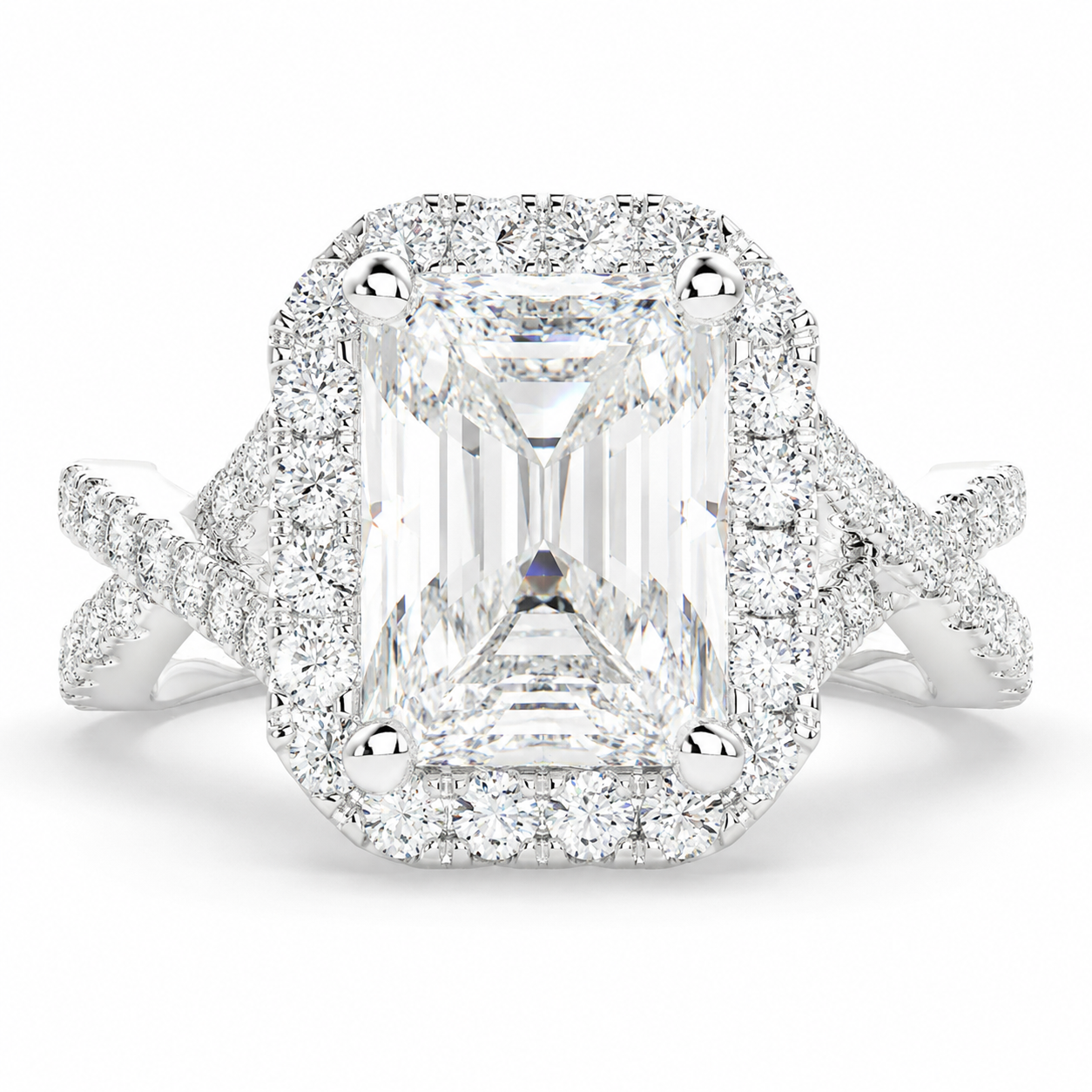 VS1 D Lab Grown Diamond Halo Pave Split Shank Radiant Ring