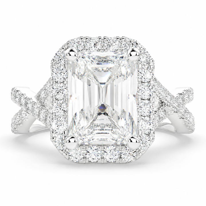VS1 D Lab Grown Diamond Halo Pave Split Shank Radiant Ring