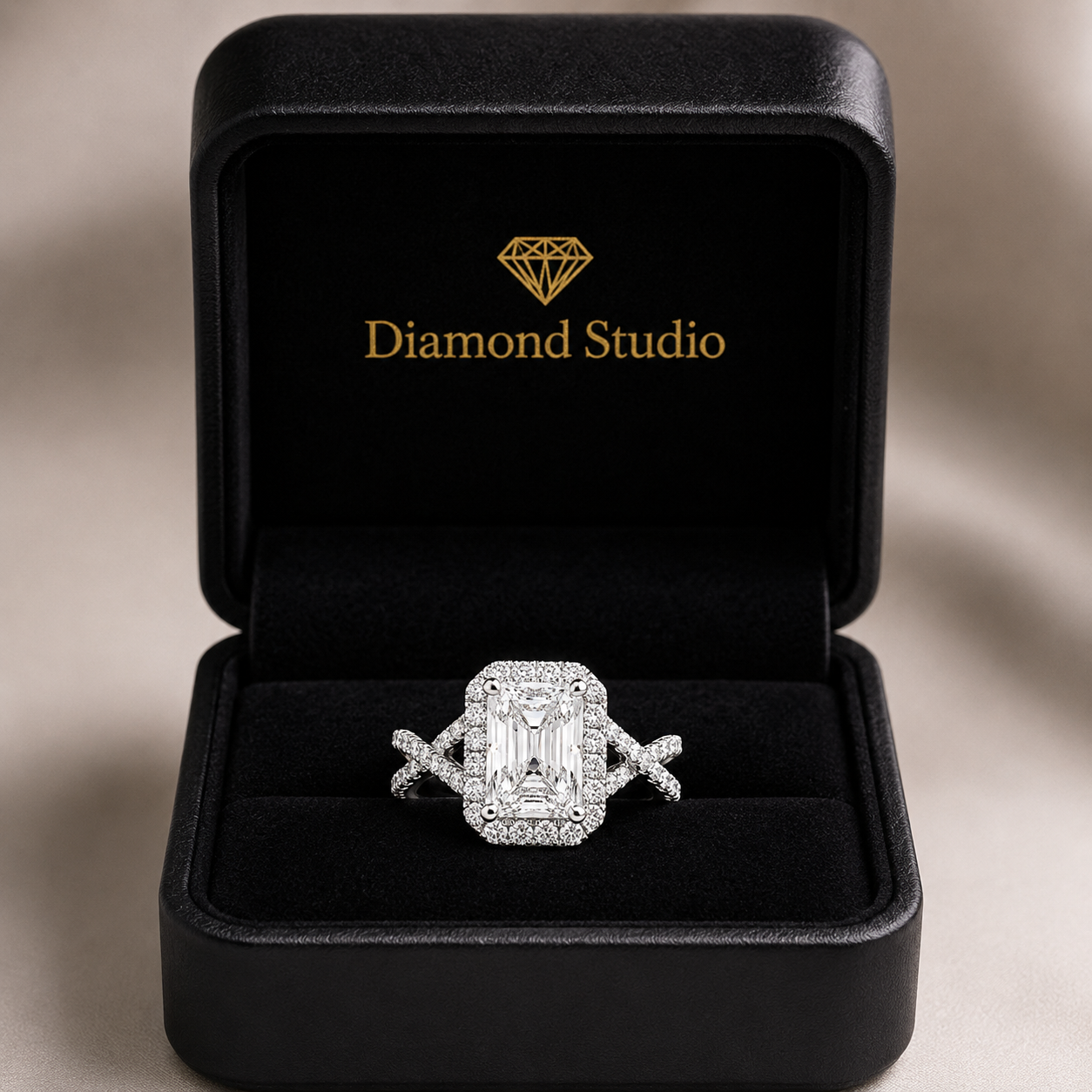 VS1 D Lab Grown Diamond Halo Pave Split Shank Radiant Ring