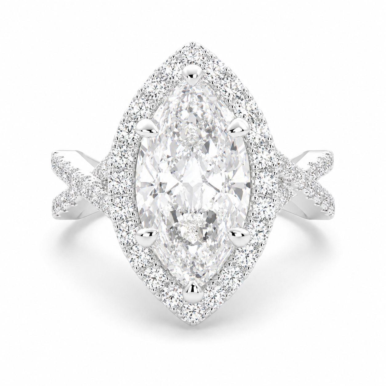 VS1 D Lab Grown Diamond Halo Pave Split Shank Marquise Ring