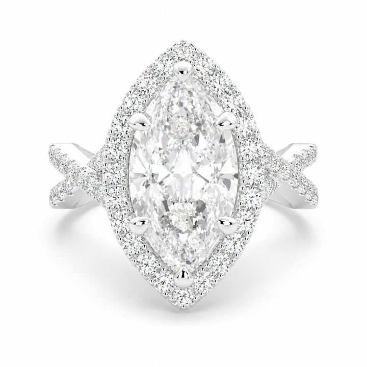 VS1 D Lab Grown Diamond Halo Pave Split Shank Marquise Ring