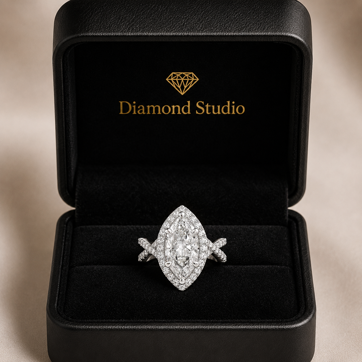 VS1 D Lab Grown Diamond Halo Pave Split Shank Marquise Ring