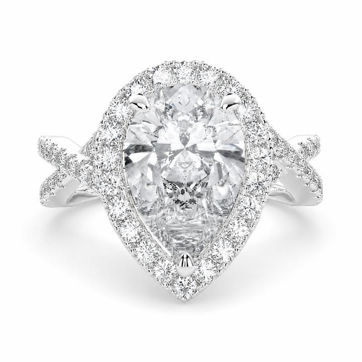 VS1 D Lab Grown Diamond Halo Pave Split Shank Pear Ring