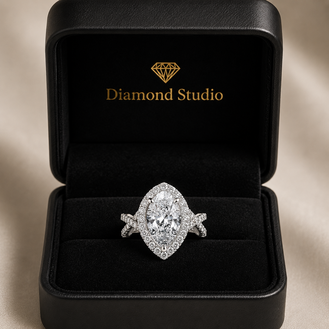 Ophelia 4.35 Carat Pear Cut Pave Halo Split Shank Engagement Ring