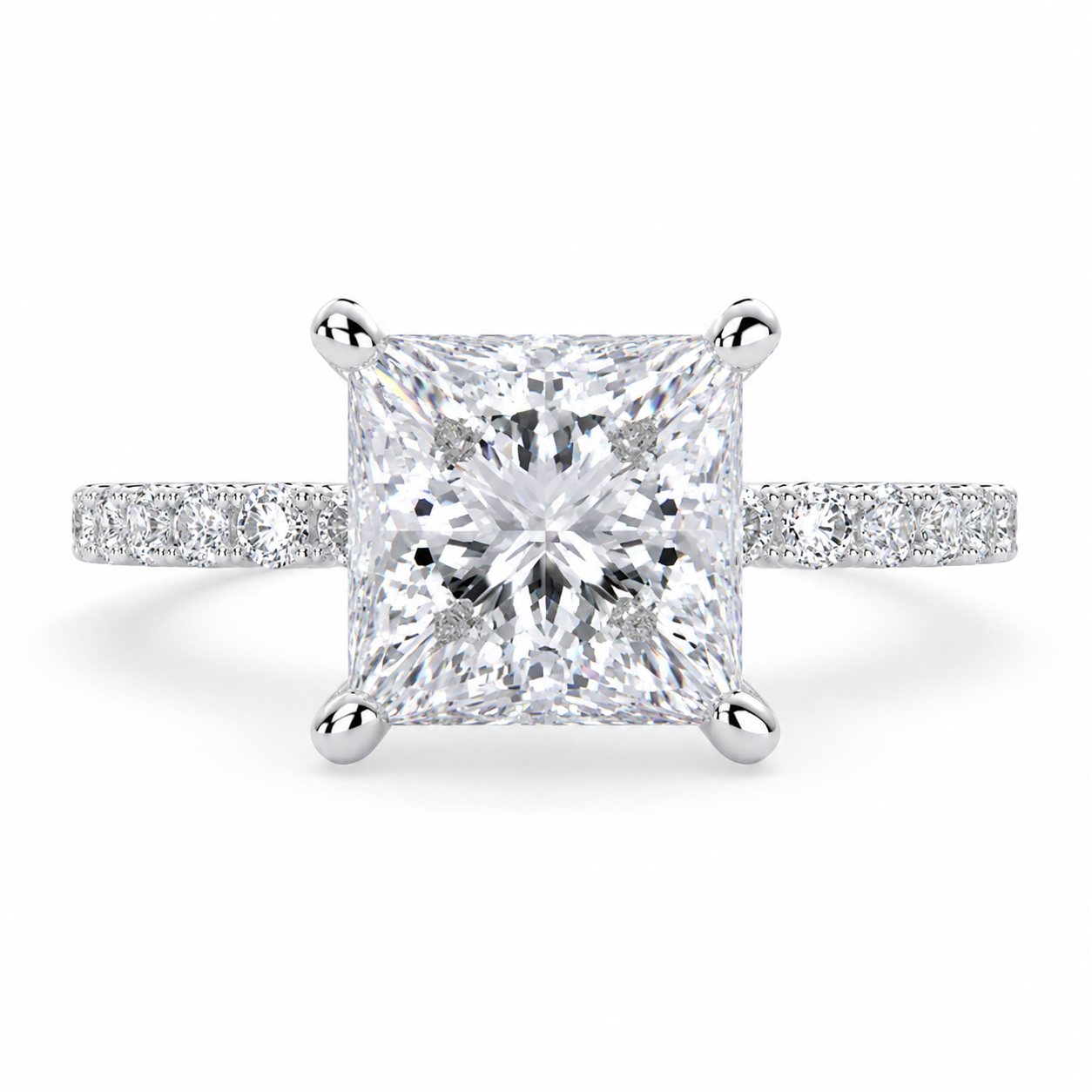 Princess Cut Side Stone 4 Prong Engagement Ring