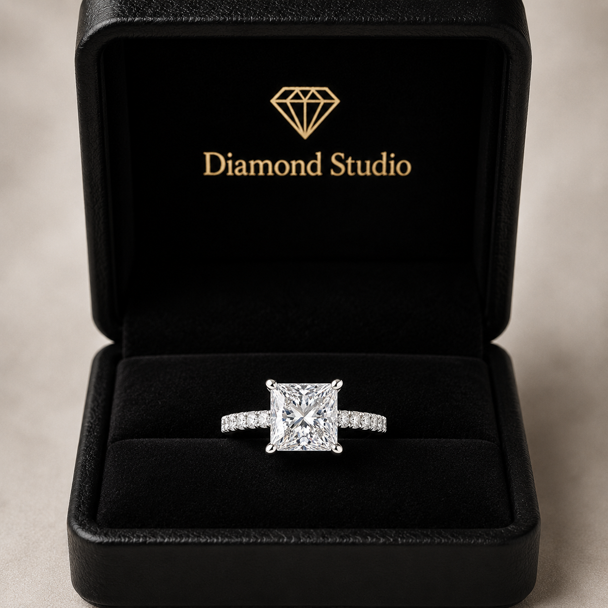 Princess Cut Side Stone 4 Prong Engagement Ring