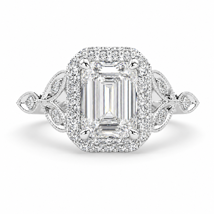 Ada 4.35 Carat Emerald Cut Halo Pave Engagement Ring