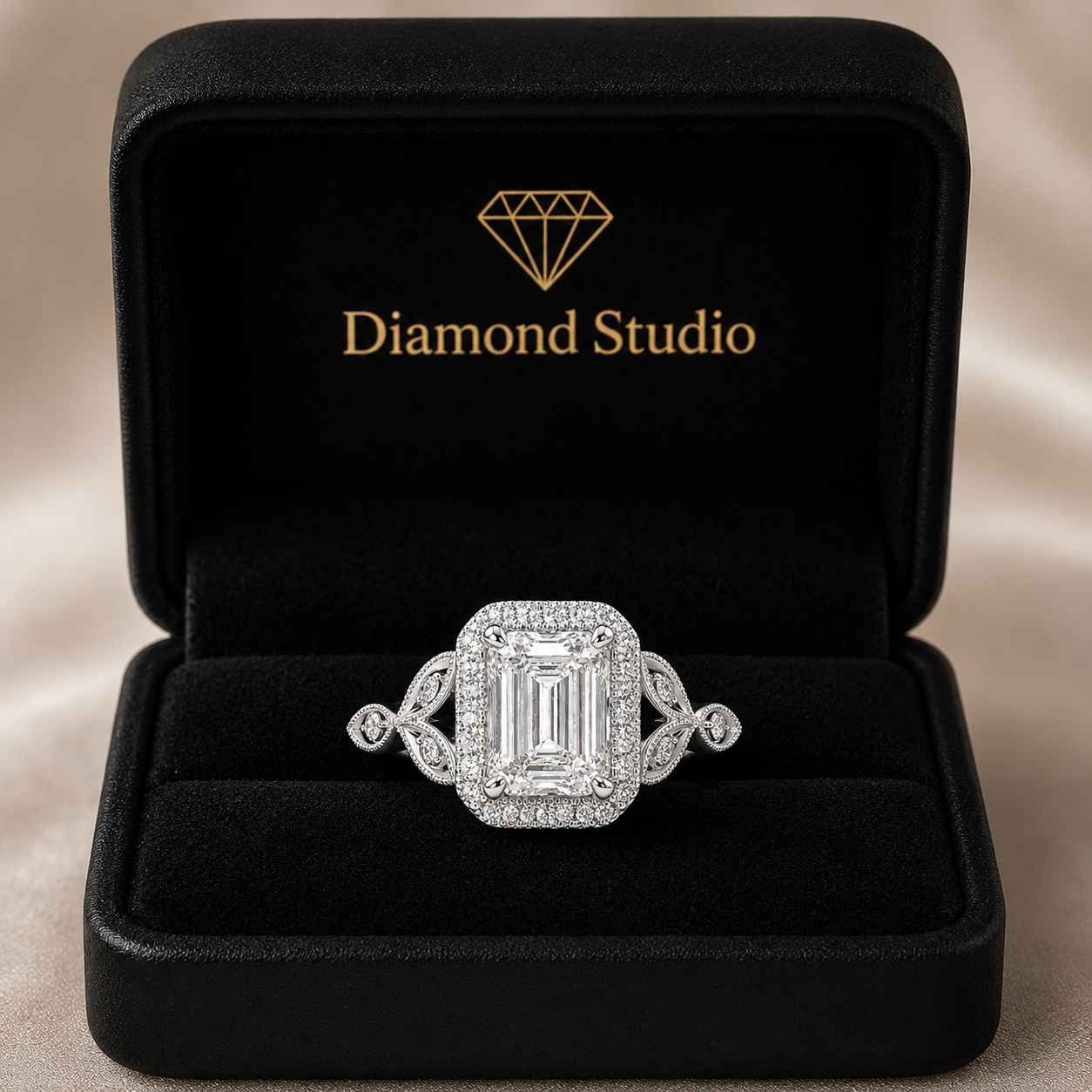 Ada 4.35 Carat Emerald Cut Halo Pave Engagement Ring