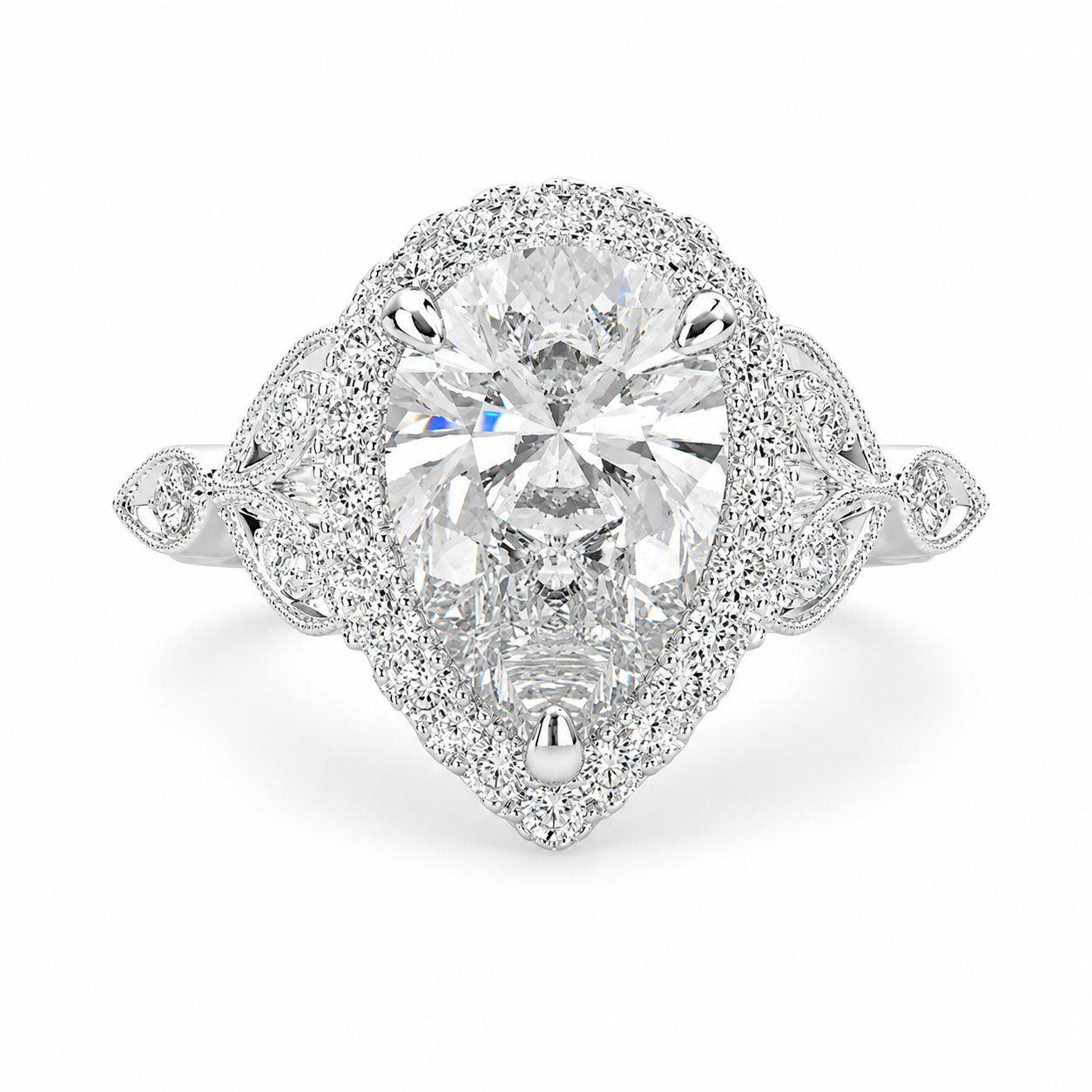 Ada 4.35 Carat Pear Cut Halo Pave Engagement Ring