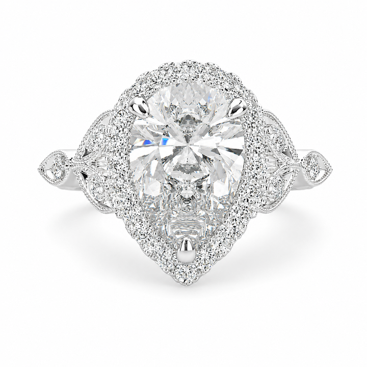Ada 4.35 Carat Pear Cut Halo Pave Engagement Ring