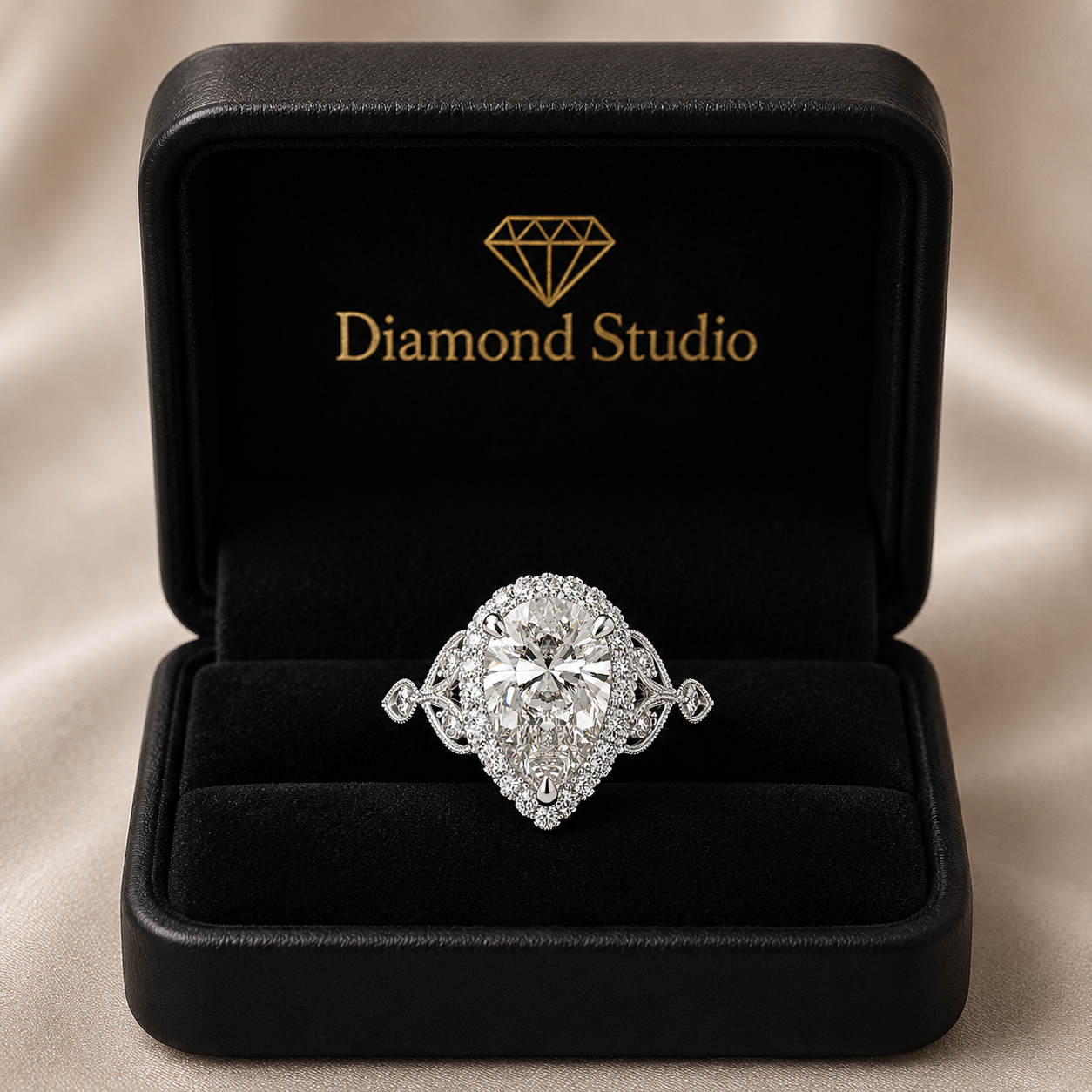 Ada 4.35 Carat Pear Cut Halo Pave Engagement Ring