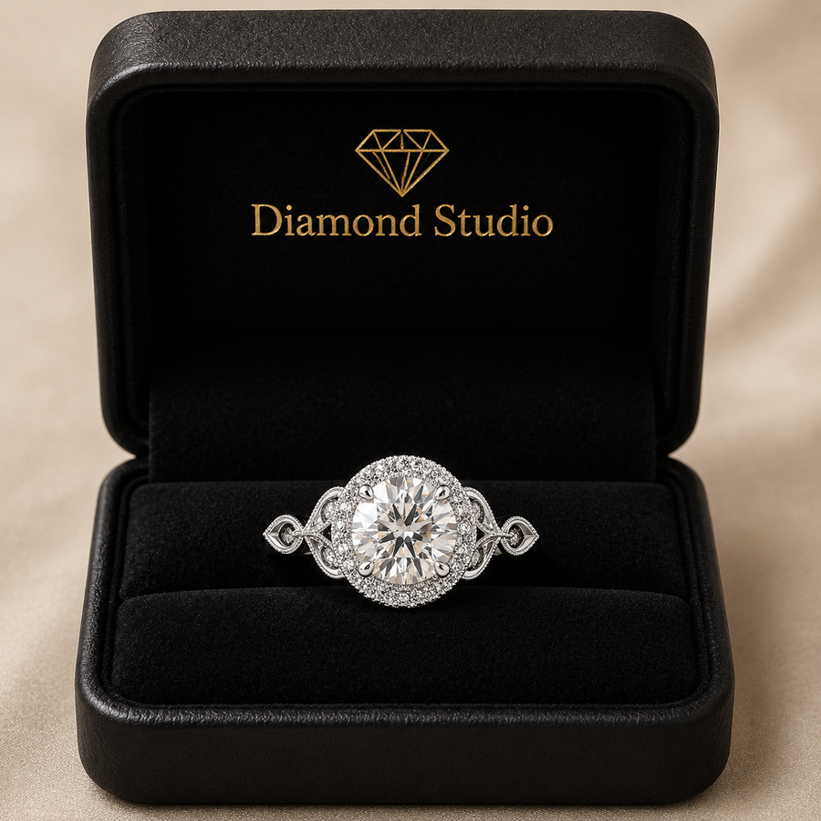 Ada 4.35 Carat Round Cut Halo Pave Engagement Ring