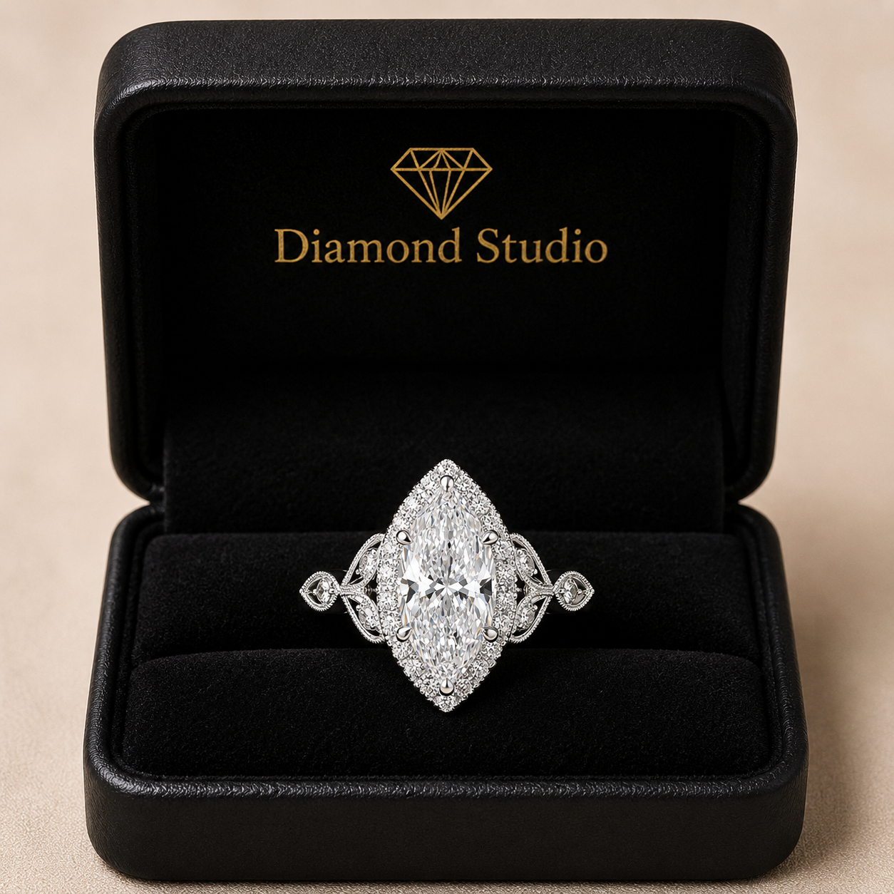 VS1 D Lab Grown Diamond Halo Pave Marquise Ring