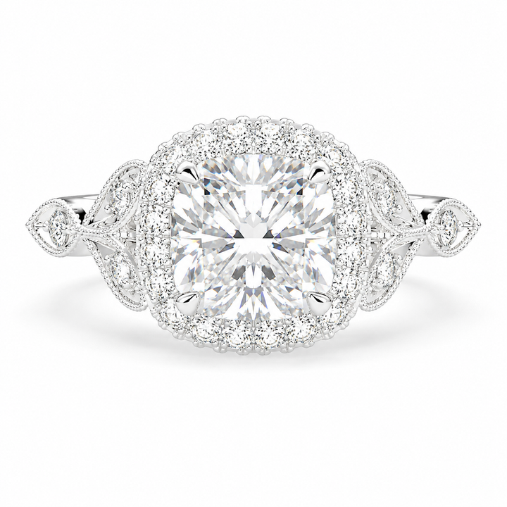 VS1 D Lab Grown Diamond Halo Pave Cushion Ring