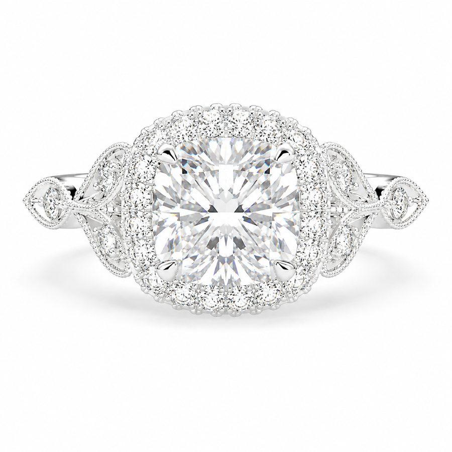 Ada 4.35 Carat Cushion Cut Halo Pave Engagement Ring