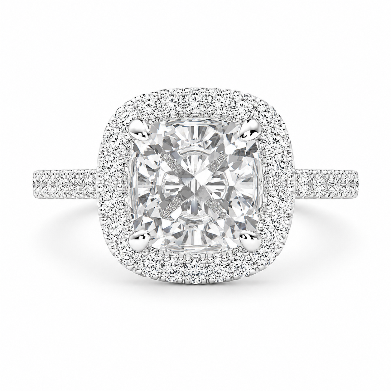 VS1 D Lab Grown Diamond Halo Pave Cushion Ring