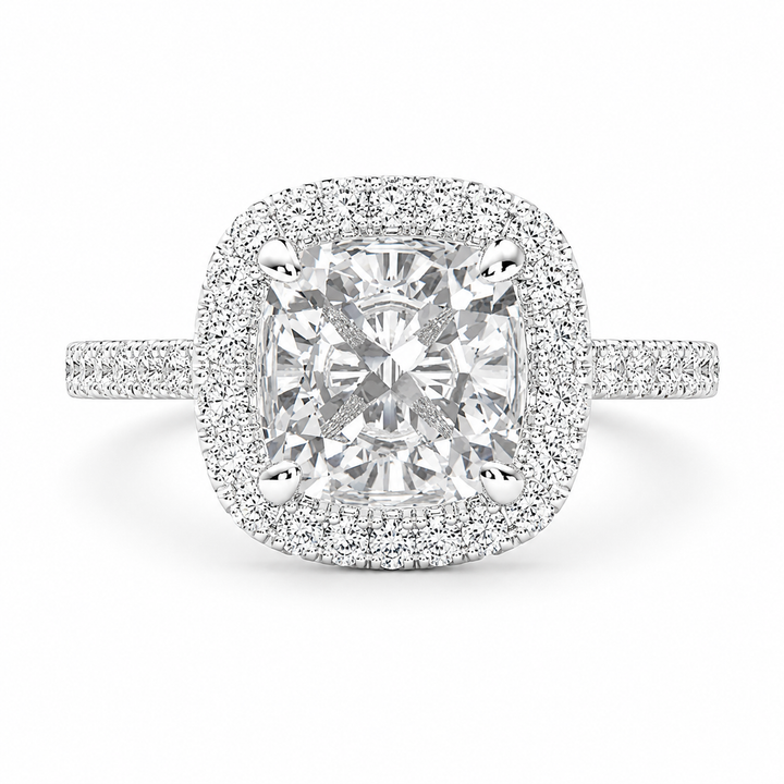VS1 D Lab Grown Diamond Halo Pave Cushion Ring