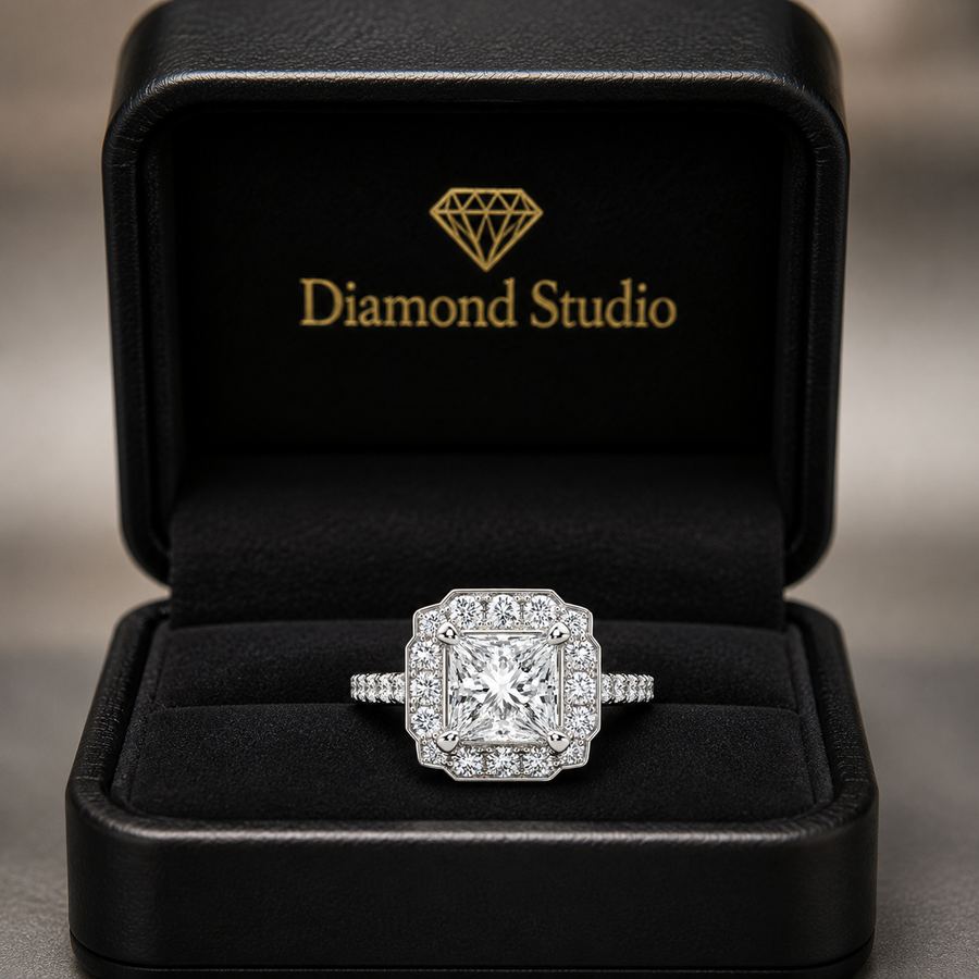 Amalia 3.5 Carat Cushion Cut Halo Pave Engagement Ring
