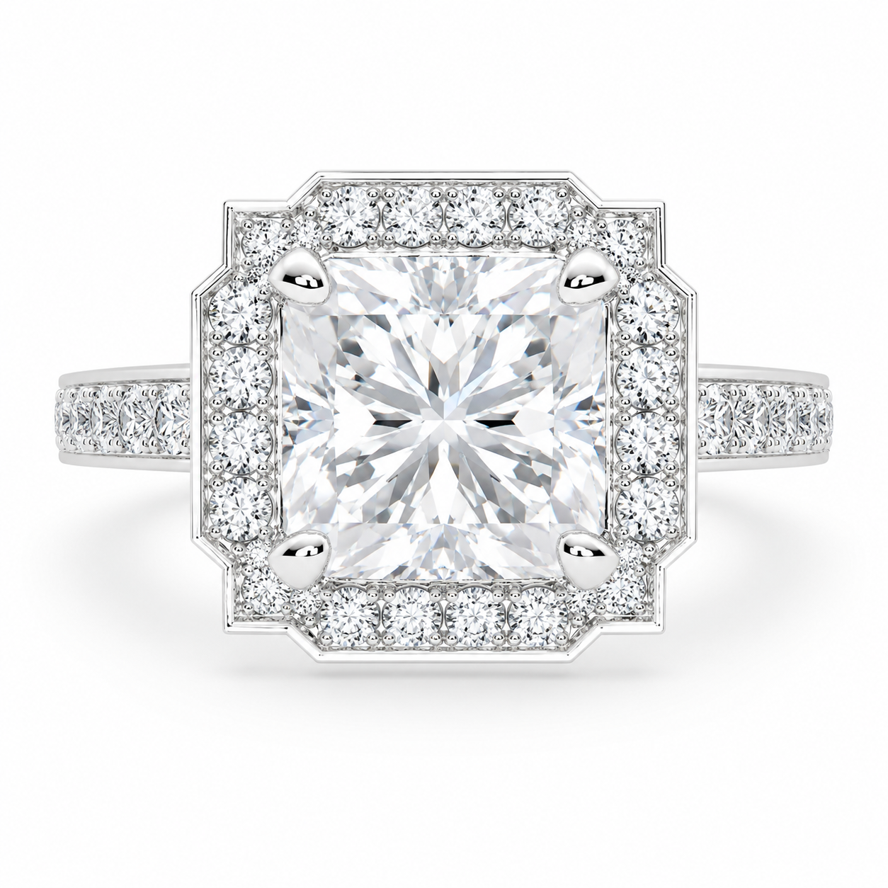 A square halo ring featuring a large princess-cut center diamond surrounded by a double halo of smaller round diamonds, set in a silver-colored metal band with pavé diamonds, shown on a plain white background.