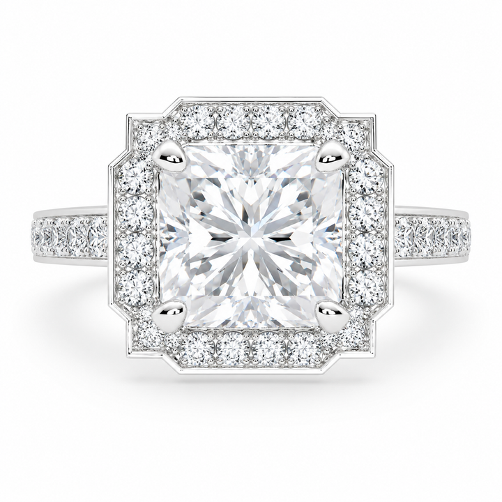 A square halo ring featuring a large princess-cut center diamond surrounded by a double halo of smaller round diamonds, set in a silver-colored metal band with pavé diamonds, shown on a plain white background.