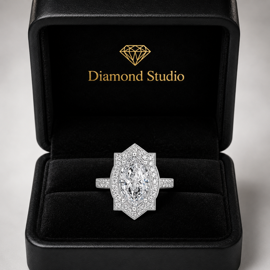 Amalia 3.5 Carat Marquise Cut Halo Pave Engagement Ring