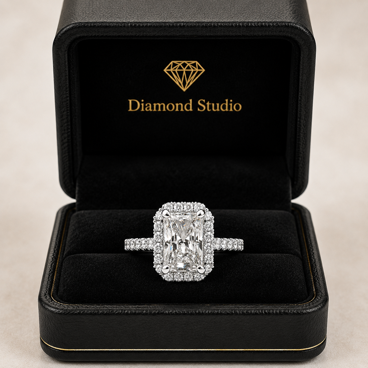VS1 D Lab Grown Diamond Halo Pave Radiant Ring