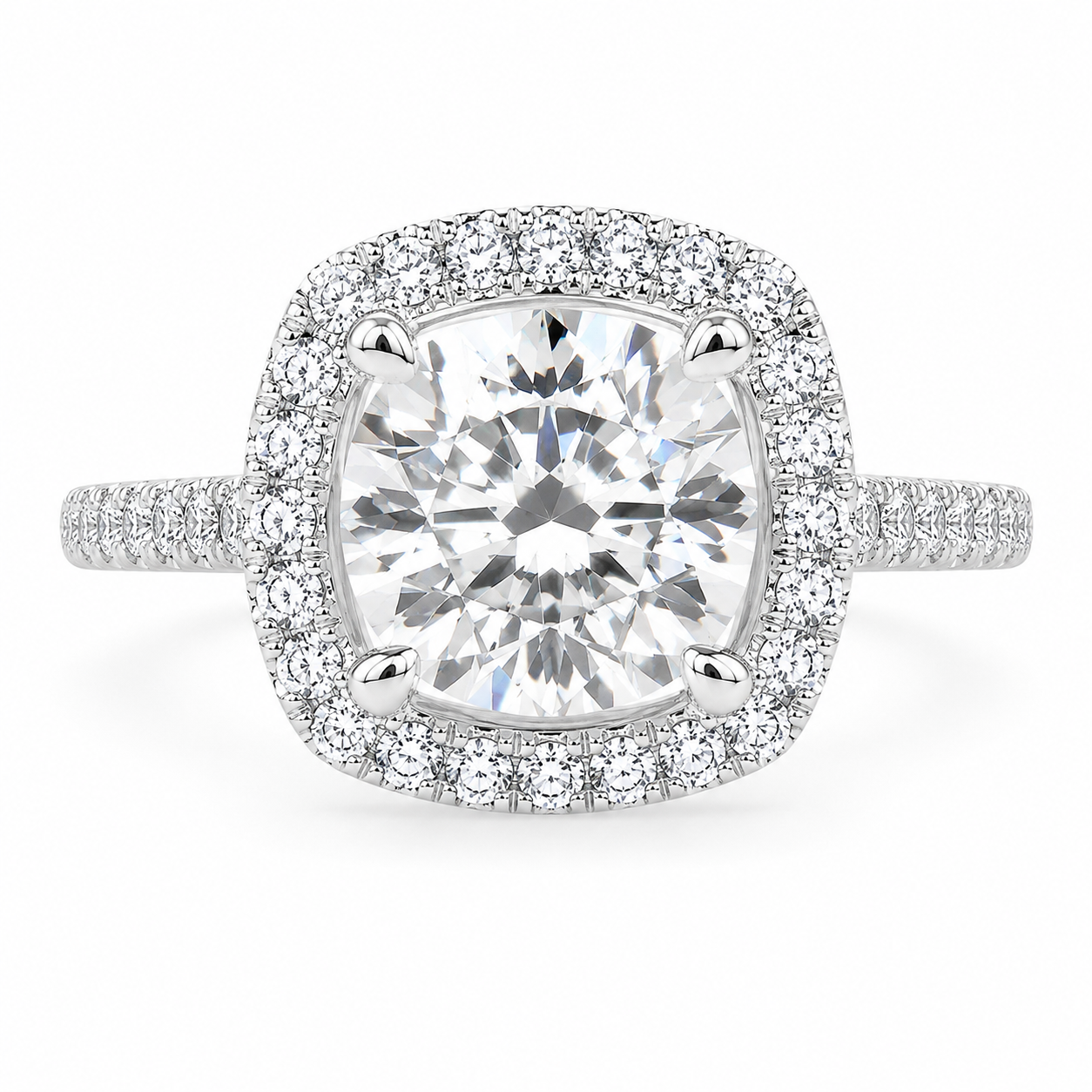 VS1 D Lab Grown Diamond Halo Pave Cushion Ring