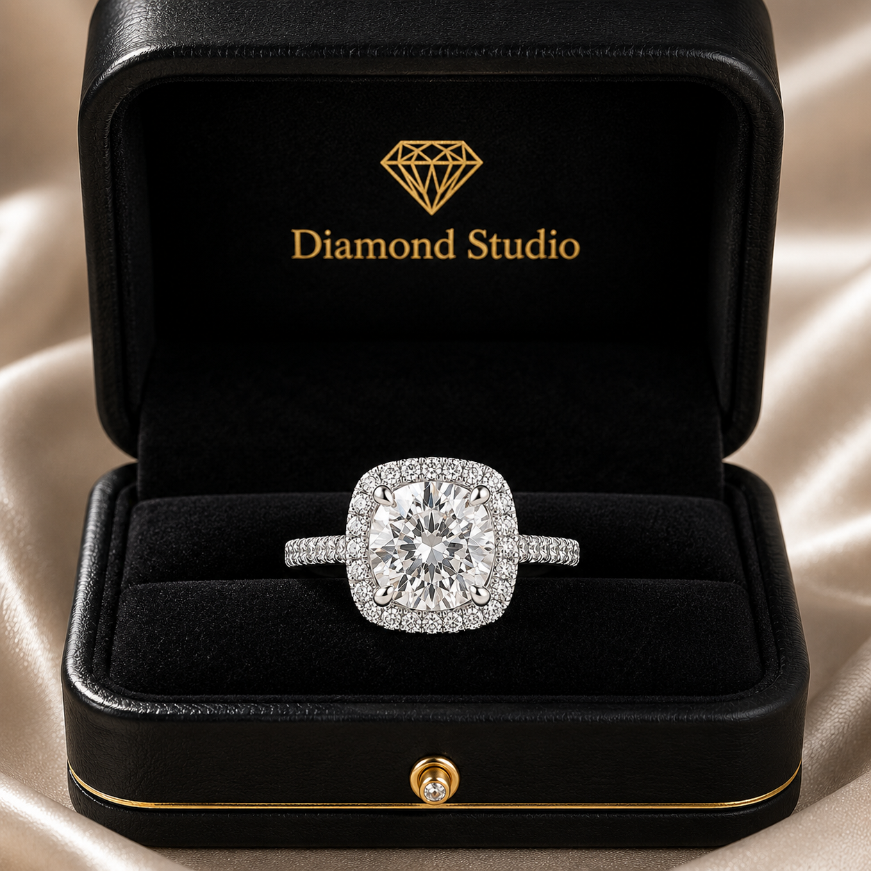 VS1 D Lab Grown Diamond Halo Pave Cushion Ring