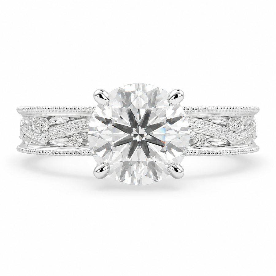 Sabrina 4 Carat Round Cut Solitaire Hand Engraved Milgrain Engagement Ring