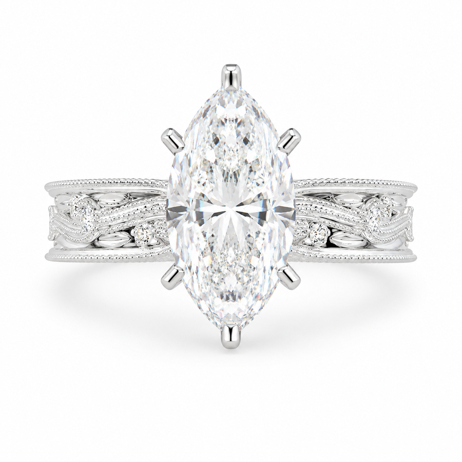 Sabrina 1 Carat Marquise Cut Solitaire Hand Engraved Milgrain Engagement Ring