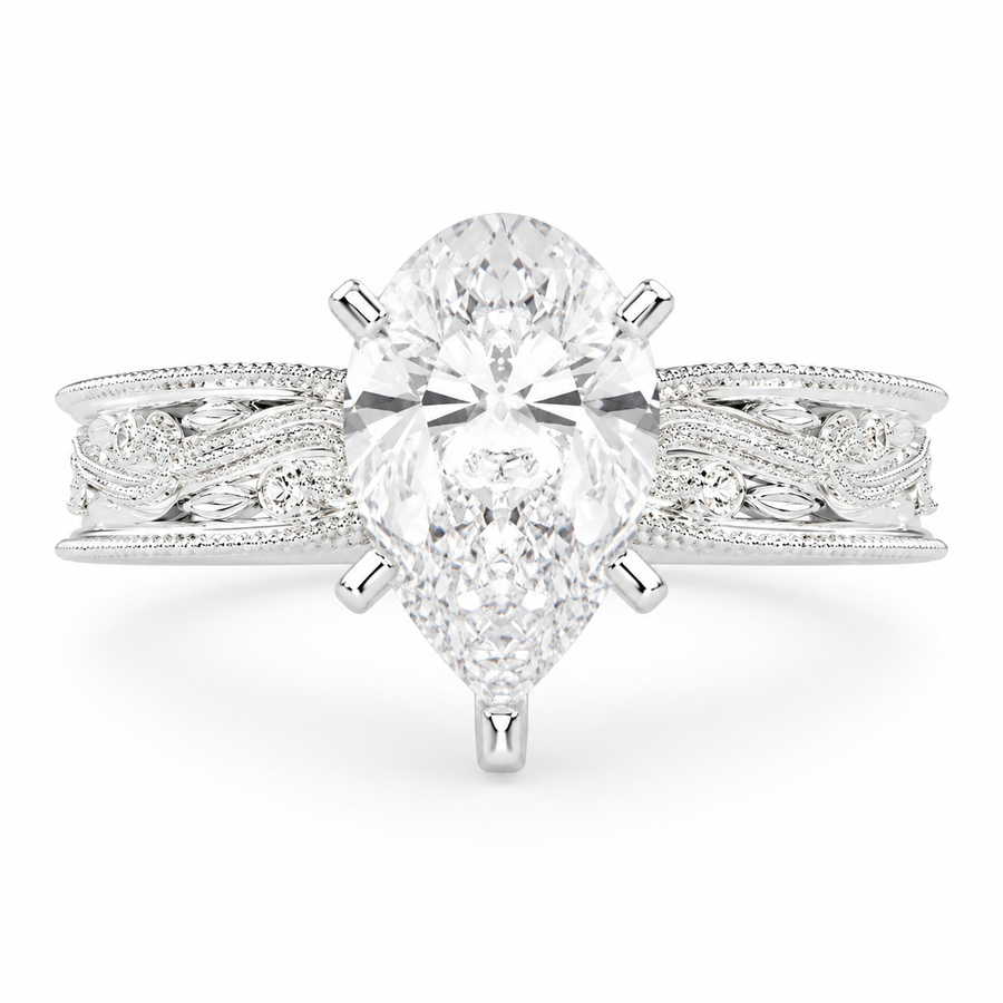 Sabrina 4 Carat Pear Cut Solitaire Hand Engraved Milgrain Engagement Ring