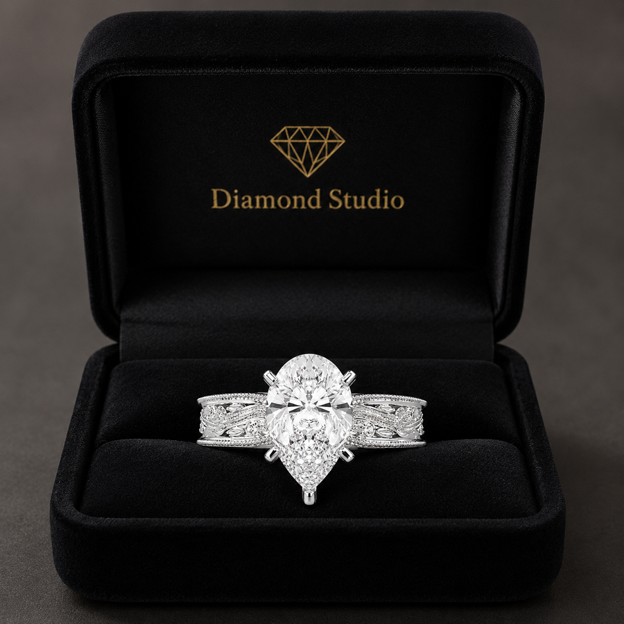 Sabrina 4 Carat Pear Cut Solitaire Hand Engraved Milgrain Engagement Ring