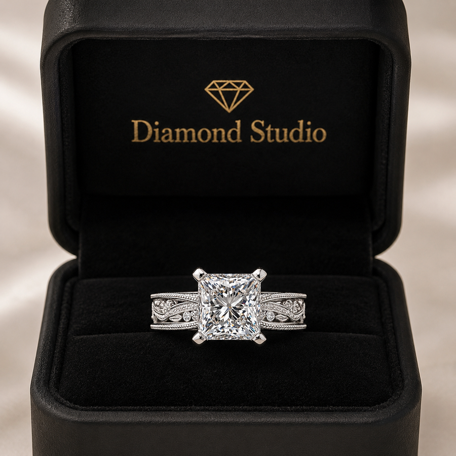 Sabrina 3 Carat Princess Cut Solitaire Hand Engraved Milgrain Engagement Ring