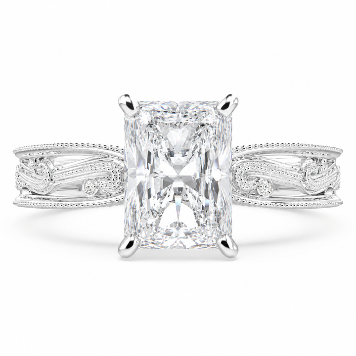 Sabrina 3 Carat Emerald Cut Solitaire Hand Engraved Milgrain Engagement Ring — product image